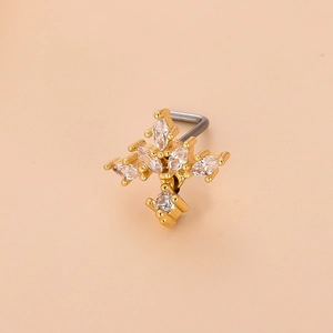 L-shaped nose stud with gold plating and sparkling white zircon floral design