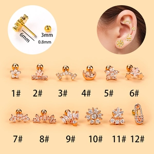 Set of 12 creative flower zircon cartilage studs in gold finish with 6mm screw ball back