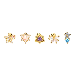 Set di 5 orecchini a lobo in acciaio inossidabile dorato con zirconi e opali colorati