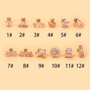 Detailed macro view showing 12 styles of rose gold surgical steel cartilage stud earrings