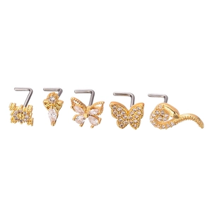 Lot de 5 piercings de nez dorés en forme de L avec motifs papillon, serpent et zircons