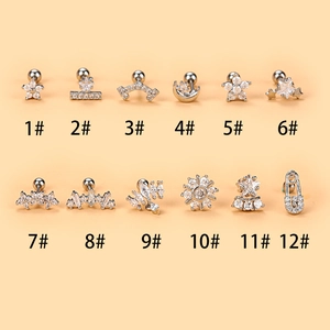 Stainless Steel Flower Zirconia Ear Cartilage Stud Earrings Geometric Star Moon Screw Ball Conch Piercing Jewelry For Women