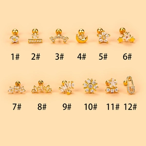 Golden flower and star zircon cartilage earrings with screw ball backs set of 12