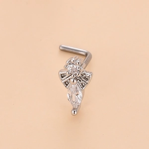 Piercing de nez en forme de L en argent avec design d'ange et zircons blancs brillants