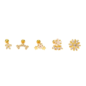 Set of 5 gold-plated stainless steel flower zircon ear studs with screw ball backs