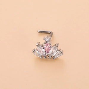 Macro shot of L-shaped silver nose stud with pink teardrop and white zircon flower design