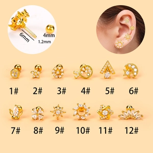 16G Gold-plated stainless steel cartilage stud set with cz stones and 6mm screw ball back
