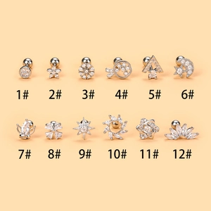 Stainless Steel Copper Zirconia Crown Star Moon Cartilage Stud Earrings For Women Piercing Jewelry Ball Back Screw Studs