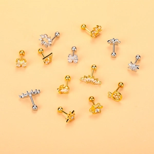 Selection of stainless steel cartilage studs with cubic zirconia in gold and silver finish