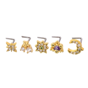 Five-piece L-shaped nose stud set in gold with zircon star moon and floral designs