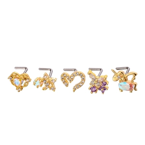 Lot de 5 piercings de nez en acier inoxydable doré avec zircone en cœur et étoile