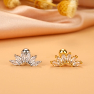 16G stainless steel crown ear cartilage stud earrings with marquise cubic zirconia set