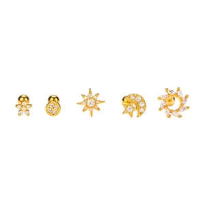 5-piece gold stainless steel cartilage earring set with zircon stars and crown studs