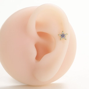 Gold star stud earring with purple zircon and tiny crystals on silicone ear model