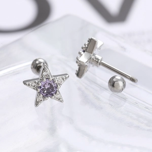 Macro shot of silver star stud earrings with purple zircon and screw back closure