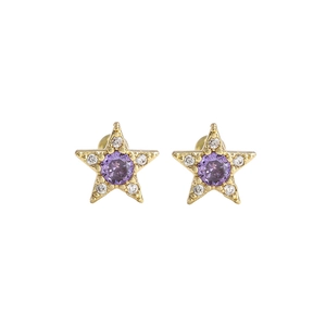 Star-shaped gold stainless steel stud earrings with purple cubic zirconia crystals