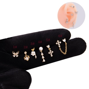 Stainless Steel Ear Cartilage Studs Copper Inlaid Zirconia Butterfly Cross Heart Flower Faux Artificial Pearl Helix Piercing For Women