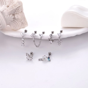 Cross and butterfly zircon cartilage earring set in polished stainless steel