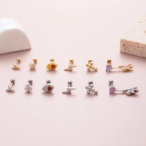 Set of 12 cute butterfly and heart ear studs in gold and silver stainless steel