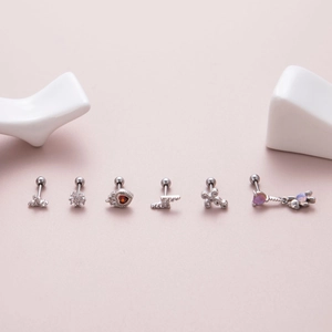 Set of six butterfly and heart piercing studs with screw ball backs in stainless steel
