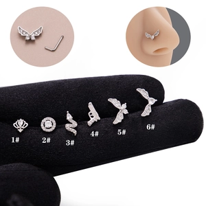 Stainless steel L-shaped nose stud set with heart, snake and pistol zircon shapes