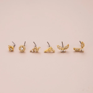 6-piece gold-plated L-shaped nose stud set with cz butterfly crown and pistol shapes