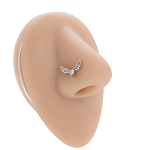 Detailed view of silver L-shaped nose stud with winged heart and cubic zirconia