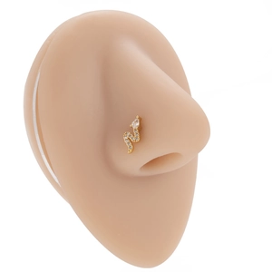 L-shaped gold snake nose stud with sparkling cubic zirconia on a realistic nose model