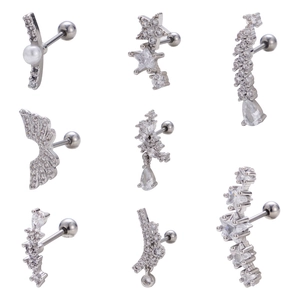 Lot de 8 piercings de cartilage en acier inoxydable avec ailes étoiles et zircons