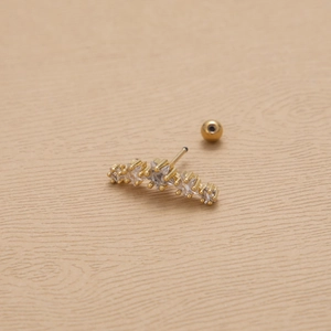 Vue macro d'un piercing d'oreille en acier doré avec des oxydes de zirconium en forme d'étoile