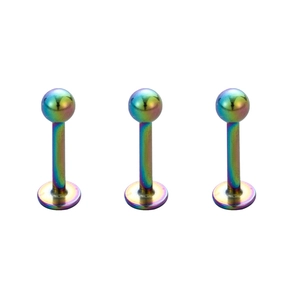 Set of three rainbow plated 316L stainless steel labret studs with ball top and flat back