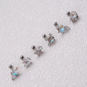 Set of 6 titanium steel ear studs with iridescent AB zircon butterfly and heart shapes