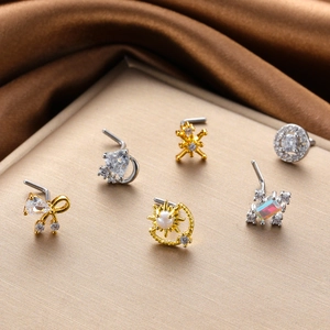 Set of 6 L-shaped stainless steel nose studs featuring cz butterfly and flower designs