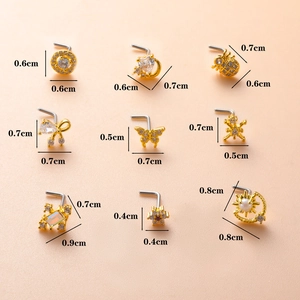 Golden L-shaped nose studs with micro-pave zircon butterfly and flower designs