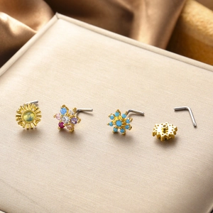 Set of 4 gold surgical steel nose studs with colorful zircon butterfly and flower designs