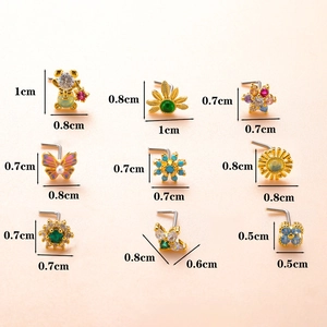 Set of 9 gold-plated surgical steel L-shaped nose studs with multi-color zircon accents