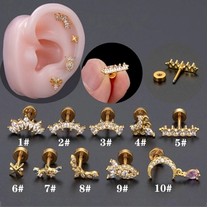 Orecchini a Bottone per Cartilagine in Acciaio Inossidabile Rame con Zirconi Corona Luna Geometrici Gioielli Piercing Donna