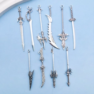 Set of 10 vintage silver alloy long sword pendants for DIY jewelry and necklaces