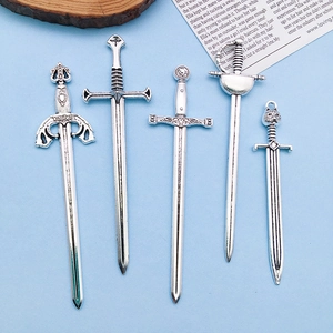 Five vintage silver sword alloy pendants for DIY jewelry making in medieval style
