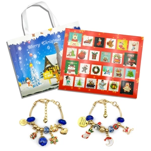 Calendrier de l'Avent de Noël Boîte Mystère Ensemble Cadeau Bijoux DIY pour Enfants Kit Bracelet à Charmes en Alliage Strass Pendentifs Flocon de Neige Avec Sac Cadeau