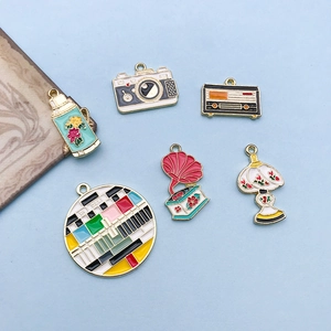 Detailed set of 6 vintage enamel alloy pendants including camera and gramophone for DIY