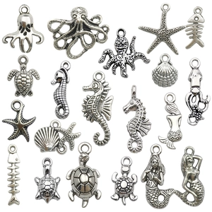 Retro silver ocean theme alloy charms set including starfish, seahorse and turtles