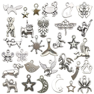 30PCS Antique Silver Zinc Alloy Mixed Charms Pendants DIY Jewelry Making Necklace Antique Animal Star Moon Sun Charms
