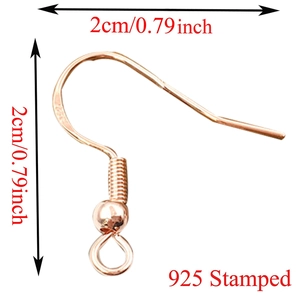 Detailed view of rose gold S925 stamped earring hook with 2cm dimension markings