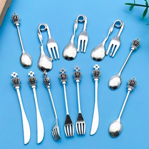 Retro silver crown cutlery pendants set for DIY necklaces including mini spoon fork and knife