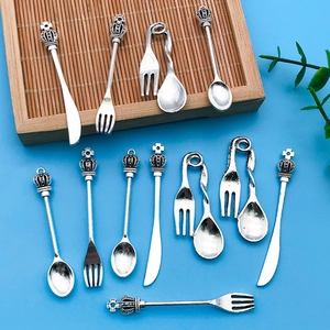 Vintage silver crown cutlery charms set including spoon fork and knife for DIY jewelry
