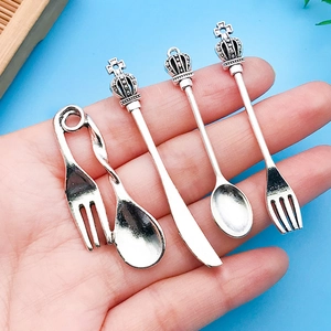 Vintage silver crown cutlery pendants set including spoon fork and knife for DIY jewelry