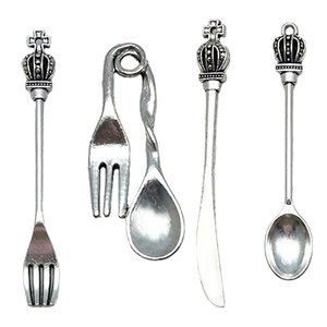 Set of 4 vintage silver crown cutlery pendants including knife, fork and spoon charms