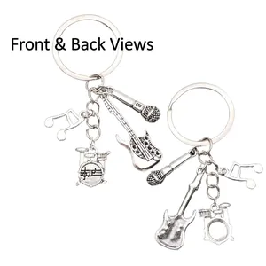 Silver metal music keychain with guitar, drum kit, and microphone charms on white background