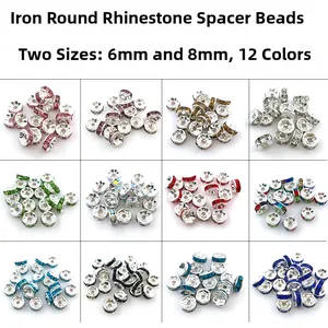 Detail showing 6mm and 8mm colorful rhinestone spacer beads in a 12-color grid layout
